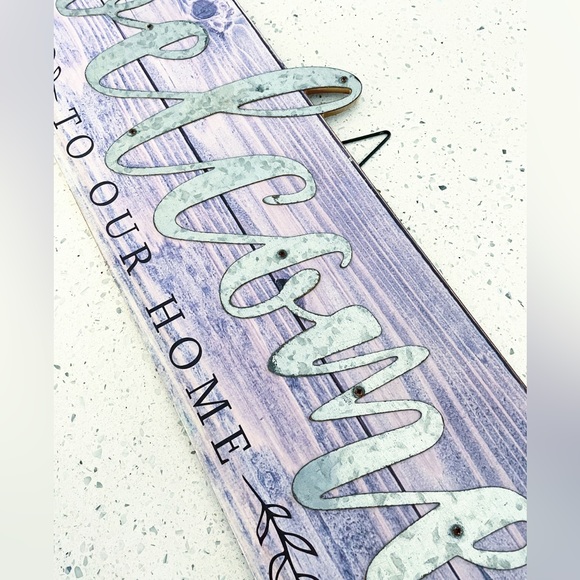 Rustic Farmhouse Welcome to Our Home Wall Sign Purple Wood & Metal Decor 23” - Picture 2 of 4